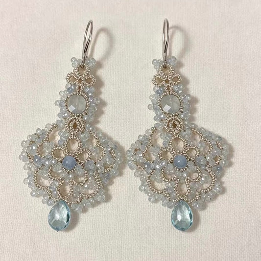 Handmade lace tatting beaded earrings with natural gemstone aquamarine,quartz stone,s925 silver hooks