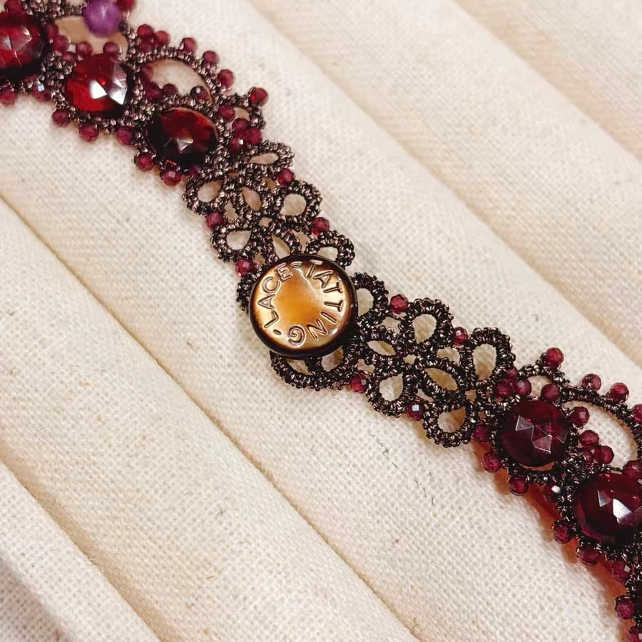 Handmade lace tatting beaded necklace with natural gemstone ruby,garnet