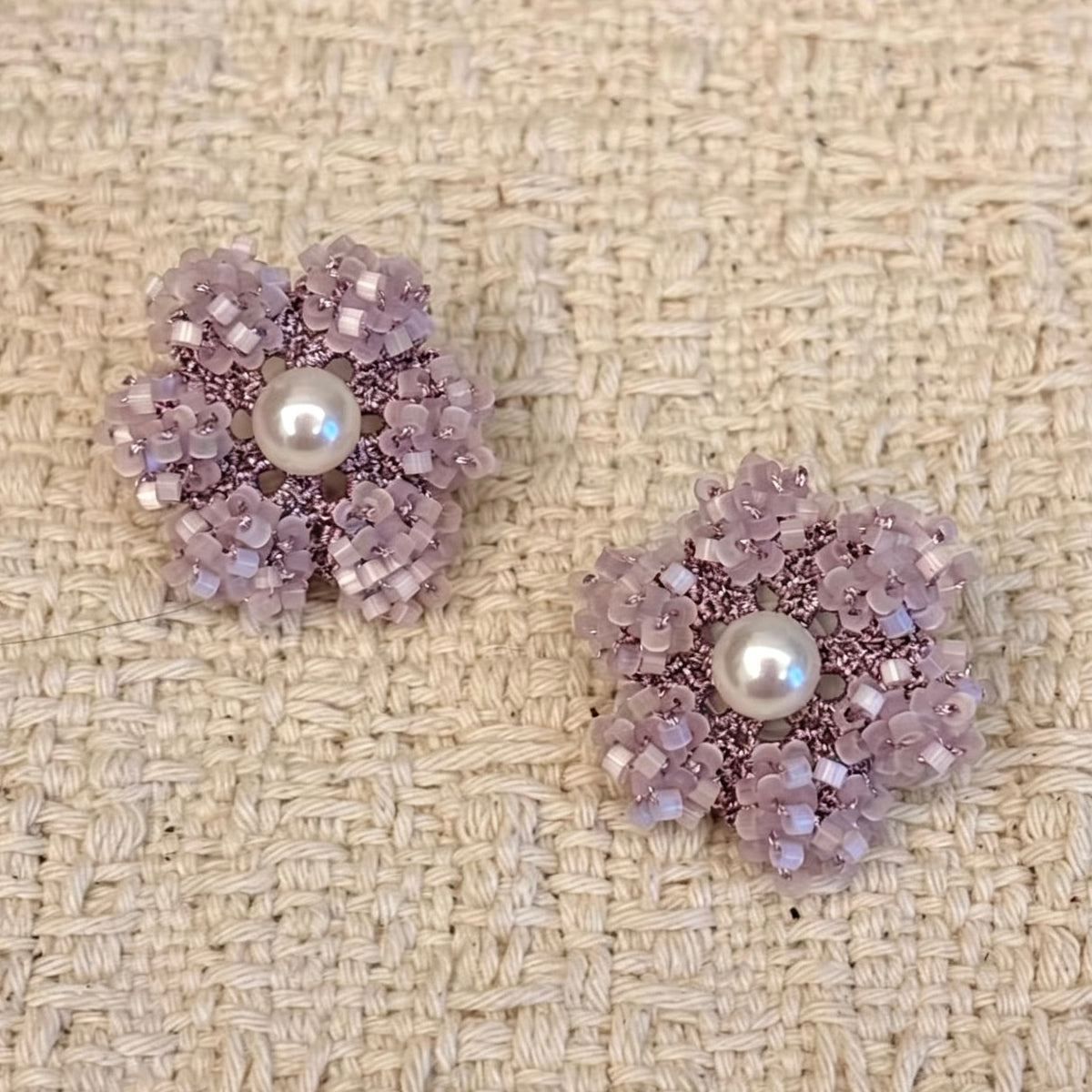 Handmade lace tatting beaded flower earrings with natural freshwater pearl,antique beads,s925 silver hooks