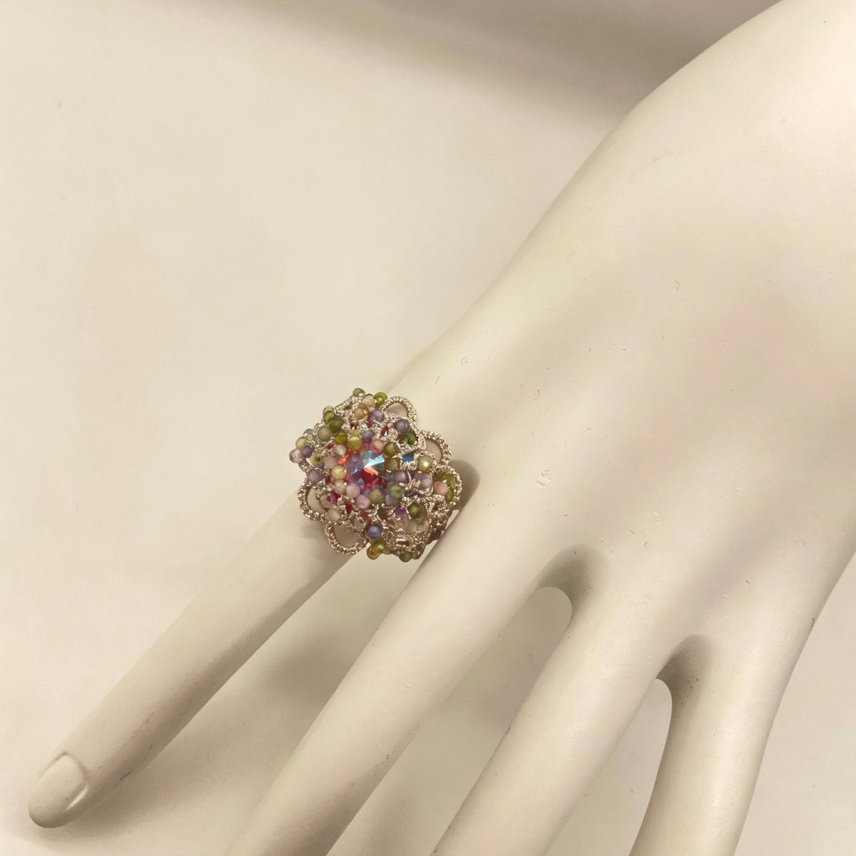 Handmade lace tatting beaded rings with Swarovski diamond,natural gemstone beads