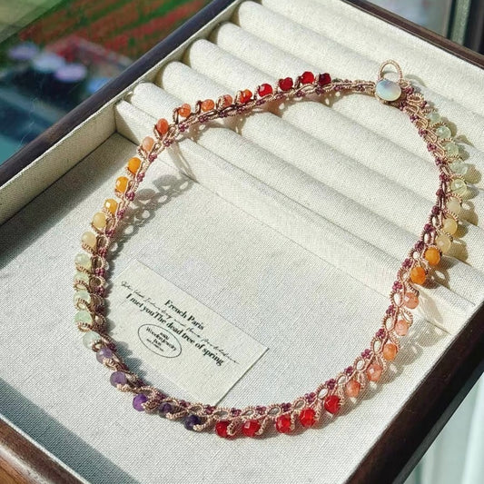 Handmade shuttle tatting necklace with natural gemstone,garnet,agate,topaz,sunstone,amethyst,prehnite