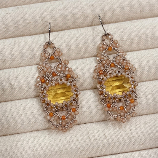 Handmade lace tatting beaded earrings with dongzhou diamond,natural gemstone garnet,zircon,swarovski pearls,s925 silver hooks