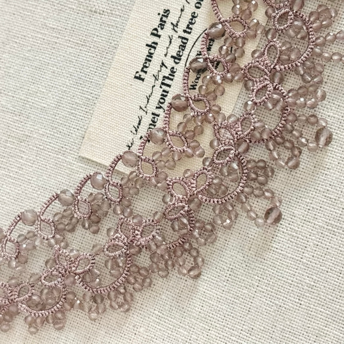 Handmade lace tatting beaded necklace with natural gemstone obsidian