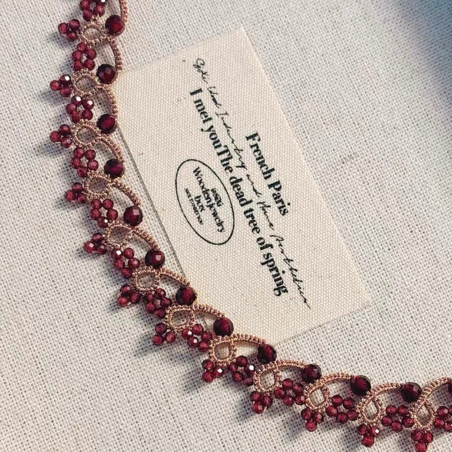 Handmade lace tatting beaded necklace with natural gemstone garnet