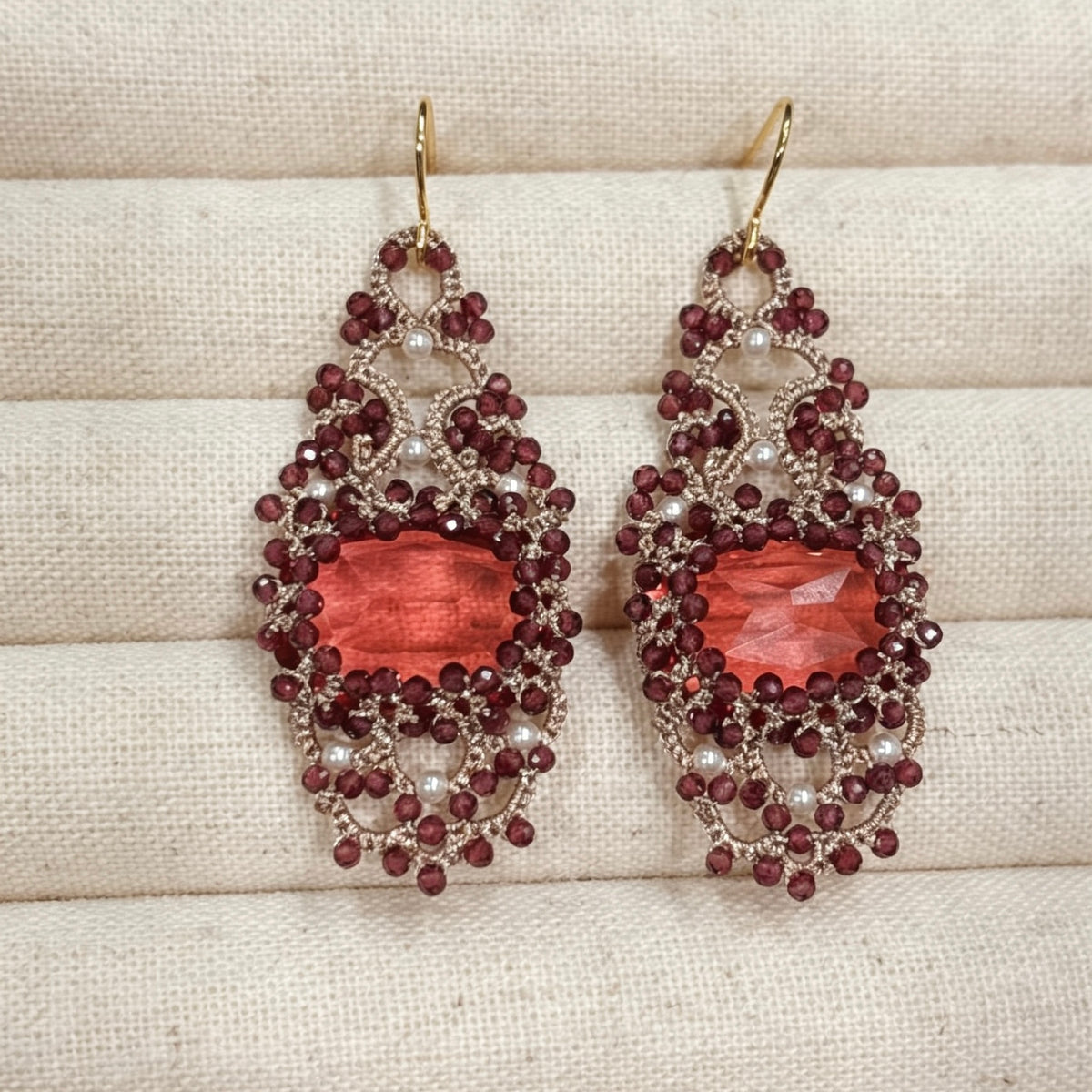 Handmade lace tatting beaded earrings with dongzhou diamond,natural gemstone garnet,zircon,swarovski pearls,s925 silver hooks