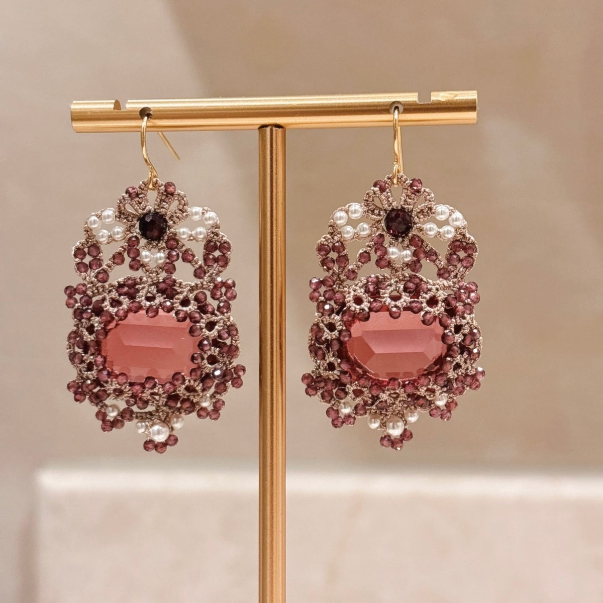 Handmade lace tatting beaded earrings with dongzhou diamond,natural gemstone garnet,swarovski pearls,s925 silver hooks
