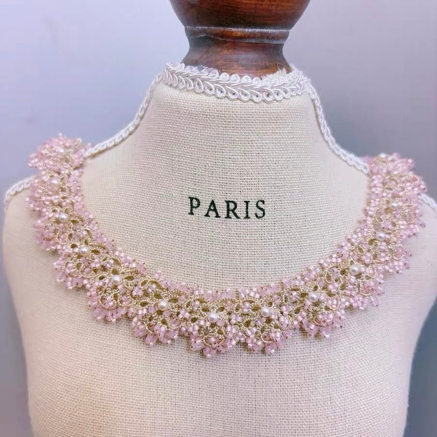 Handmade lace tatting beaded necklace with swarovski pearls,seed beads