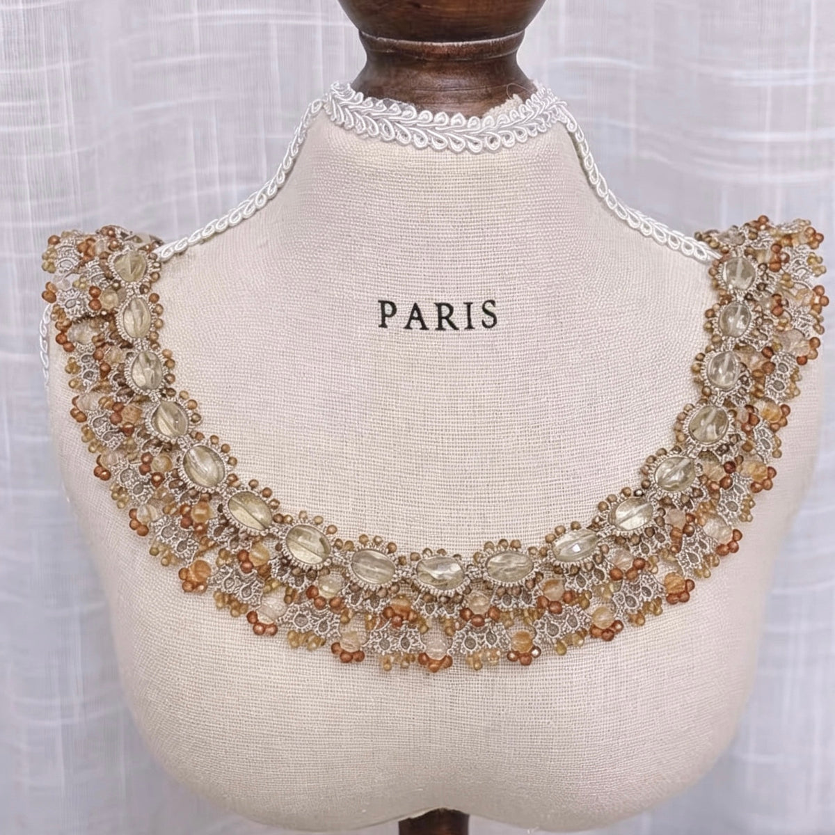 Handmade lace tatting beaded necklace with natural gemstone citrine,garnet