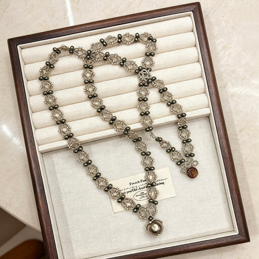 Handmade lace tatting long pendant necklace sweater chain with baroque imitation pearls,seed beads