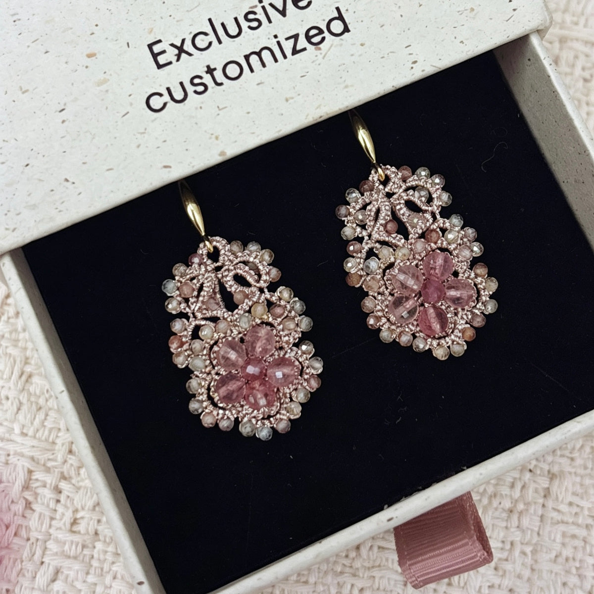 Handmade lace tatting beaded earrings with natural gemstone strawberry crystal,tourmaline,zircon,s925 silver hooks
