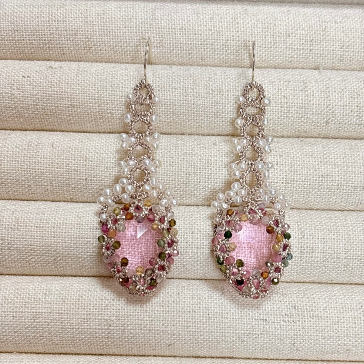 Handmade lace tatting beaded earrings with dongzhou diamond,natural freshwater pearls,tourmaline,peridot,s925 silver hooks