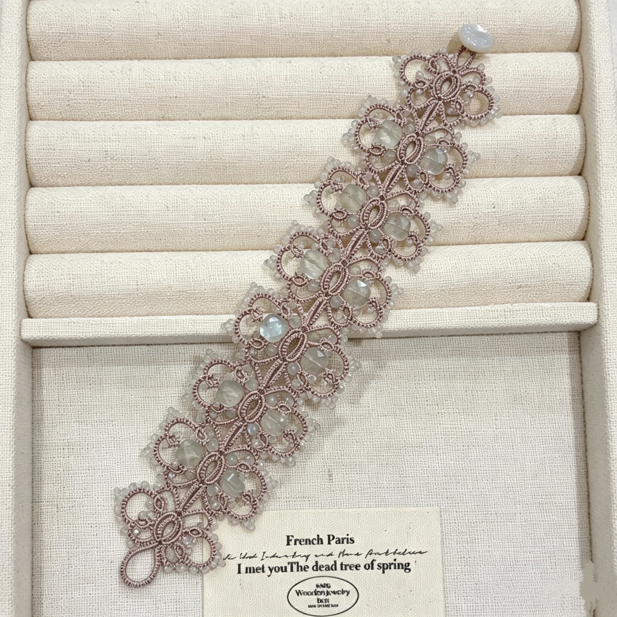 Handmade shuttle tatting beaded bracelet with natural gemstone labradorite