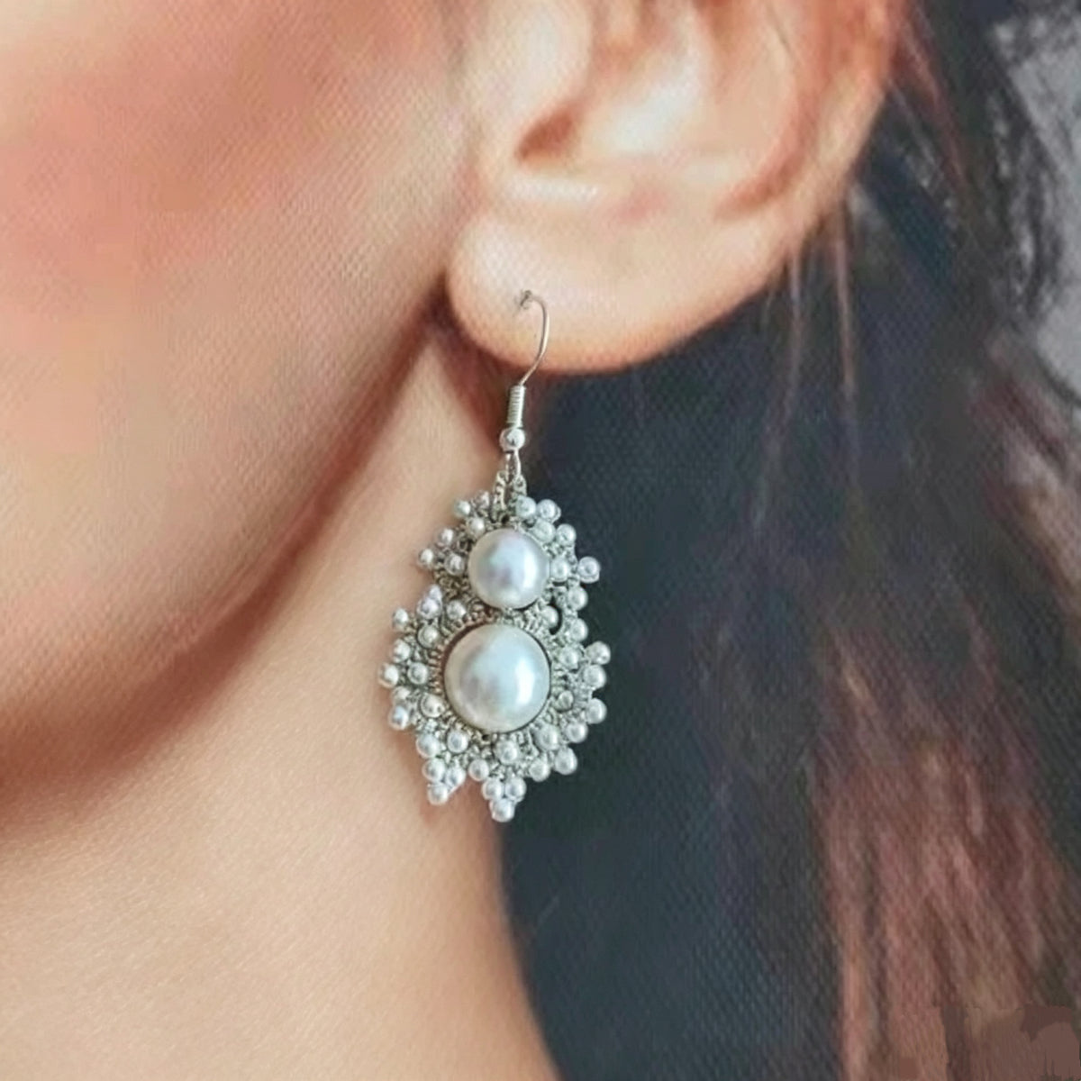 Handmade shuttle tatting earrings with swarovski pearls,seed beads,s925 silver hooks