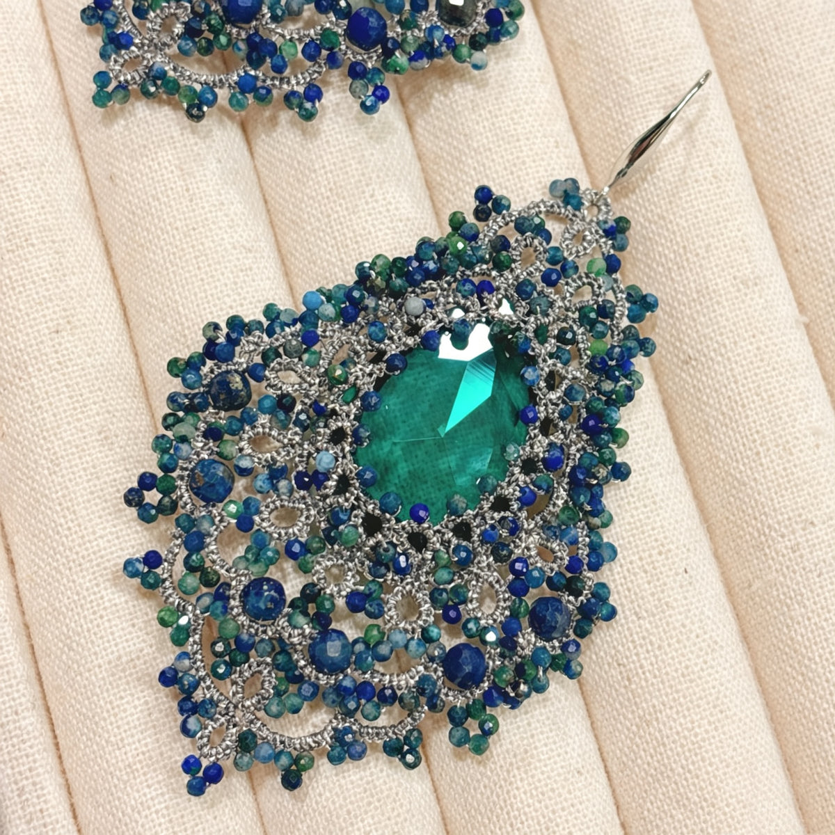 Handmade lace tatting beaded earrings with dongzhou diamond,lapis,chrysocolla,s925 silver hooks