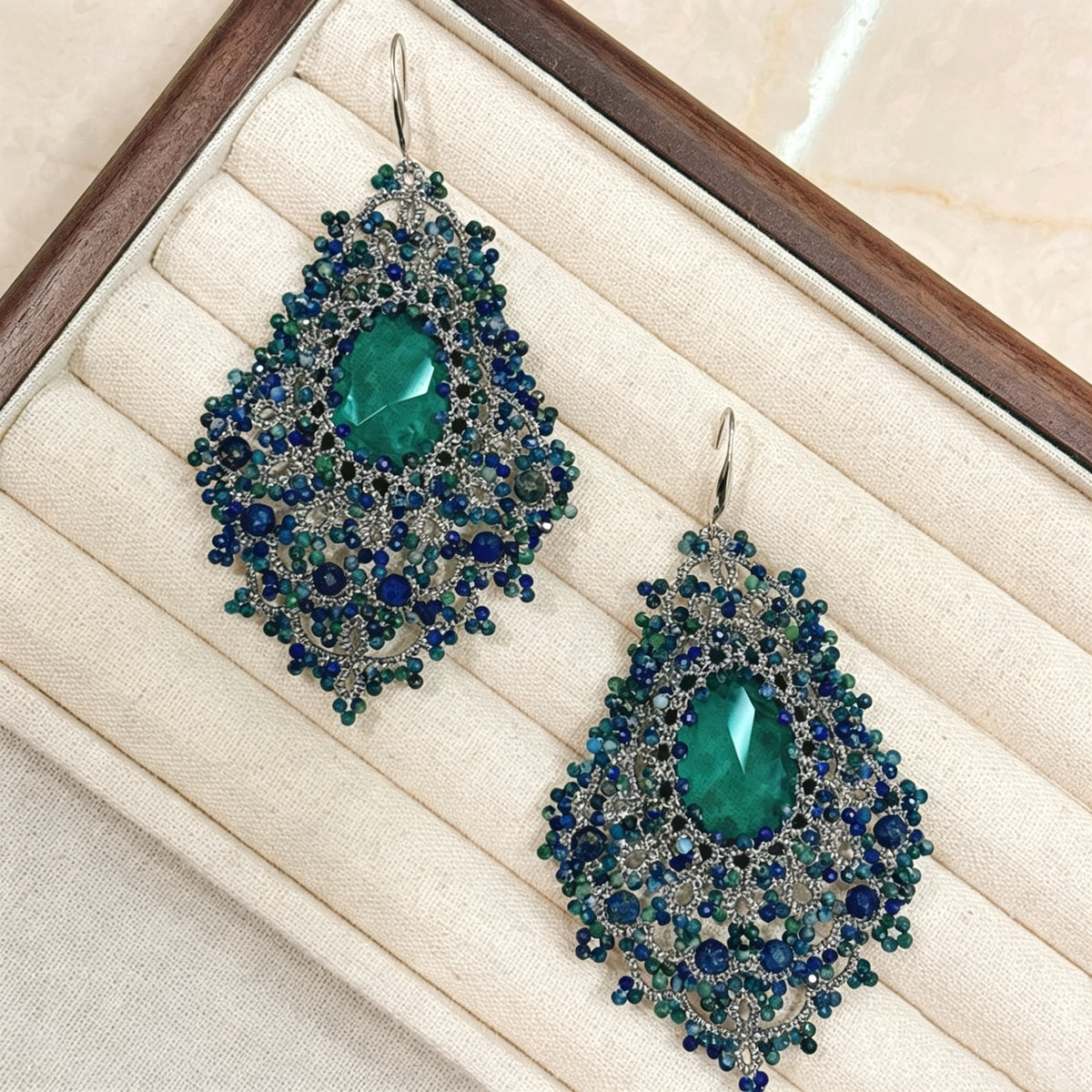 Handmade lace tatting beaded earrings with dongzhou diamond,lapis,chrysocolla,s925 silver hooks