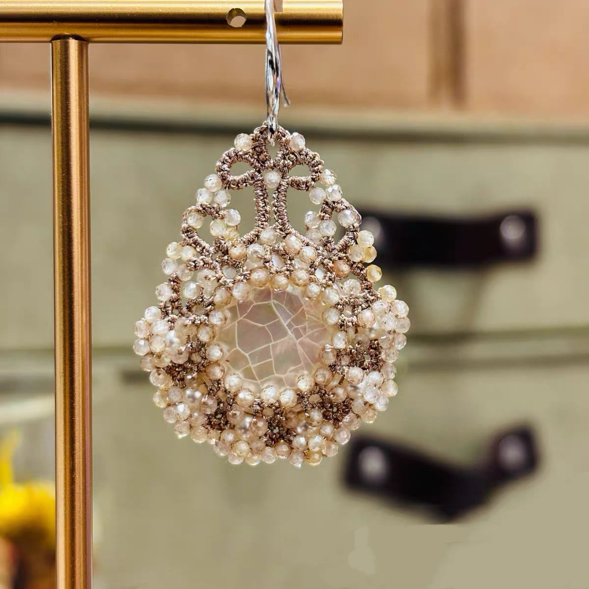 Handmade lace tatting beaded earrings with winged pearl oyster,zircon,swarovski pearls,s925 silver hooks