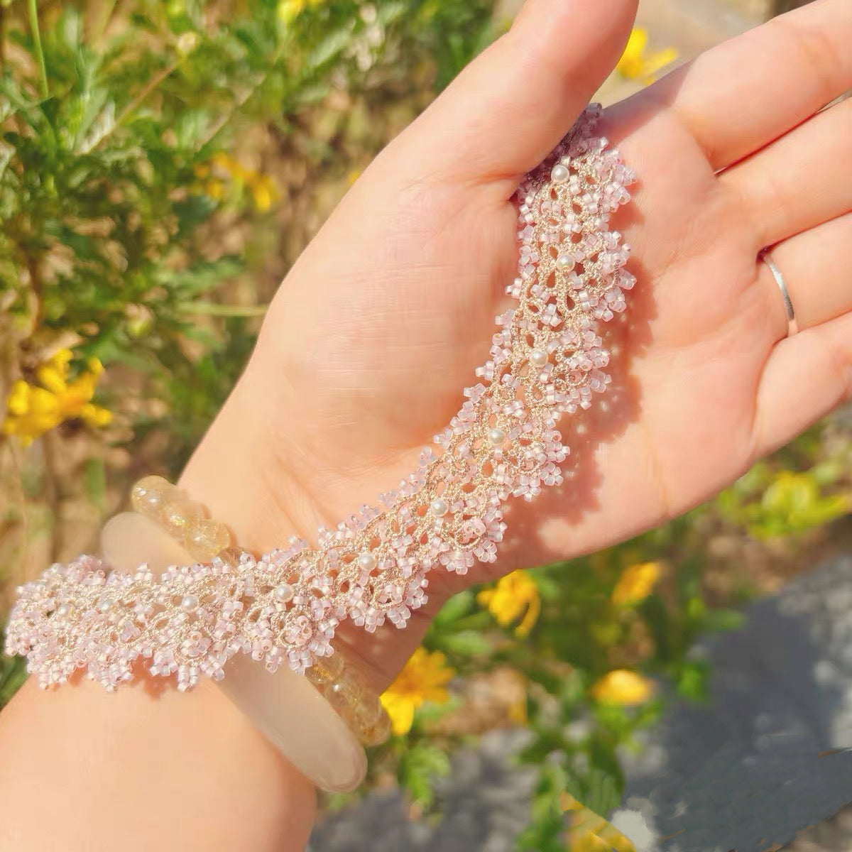 Handmade lace tatting beaded necklace with swarovski pearls,seed beads