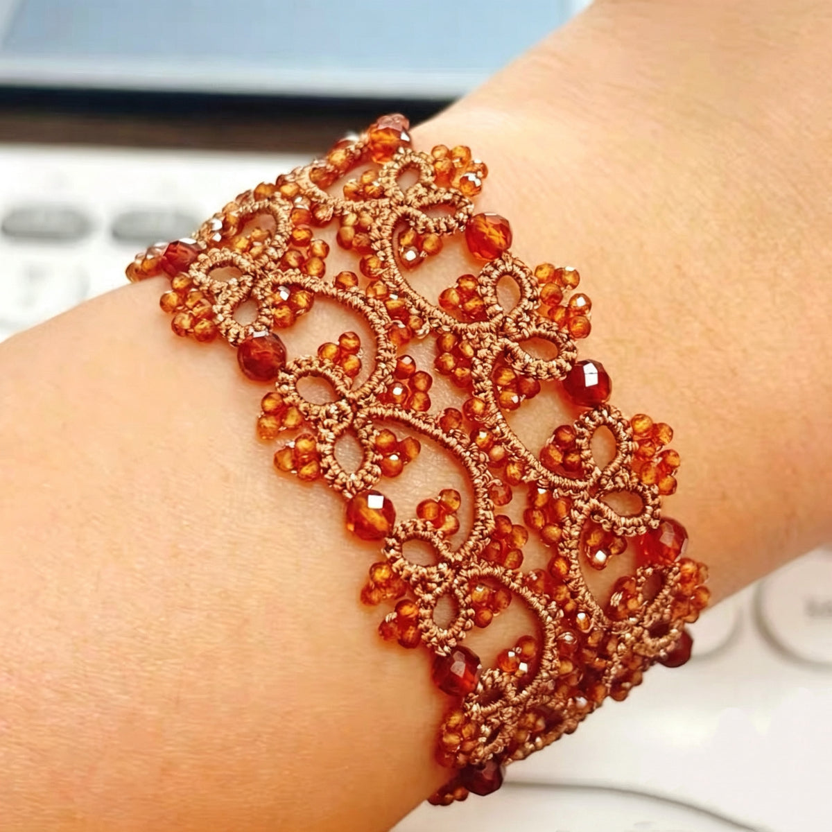 Handmade lace tatting beaded bracelet with natural gemstone garnet