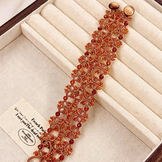 Handmade lace tatting beaded bracelet with natural gemstone garnet