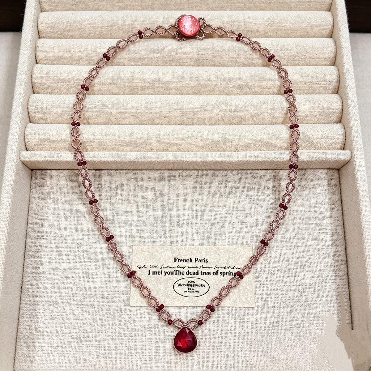 Handmade lace tatting beaded pendant necklace with natural gemstone garnet,ruby