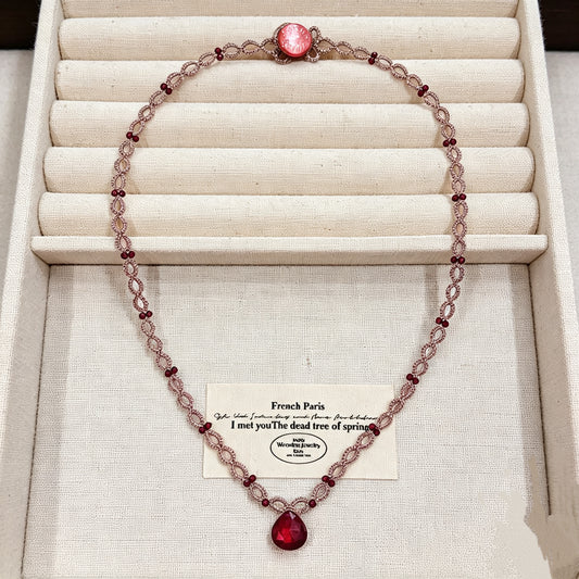 Handmade lace tatting beaded pendant necklace with natural gemstone garnet,ruby