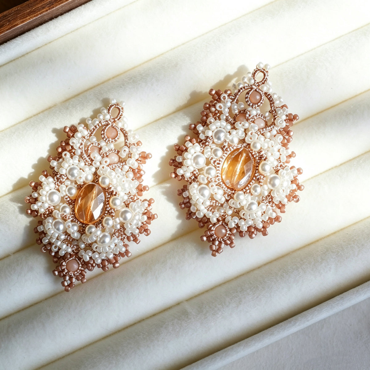 Handmade lace tatting beaded earrings with natural gemstone/diamond,seed beads,swarovski pearls,s925 silver hooks