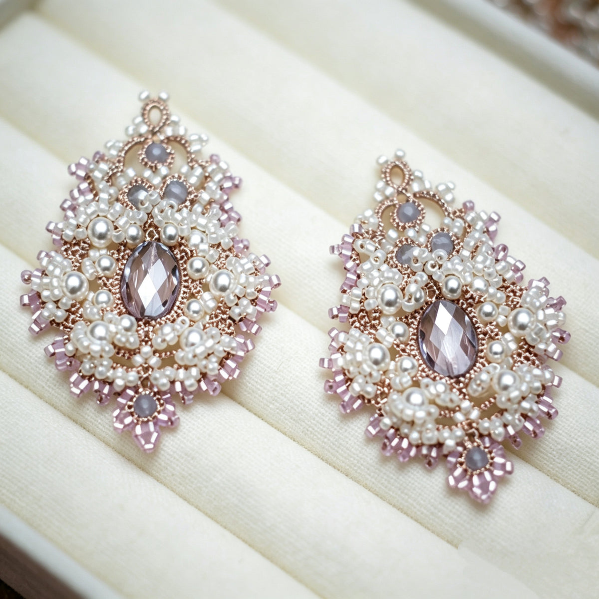 Handmade lace tatting beaded earrings with natural gemstone/diamond,seed beads,swarovski pearls,s925 silver hooks