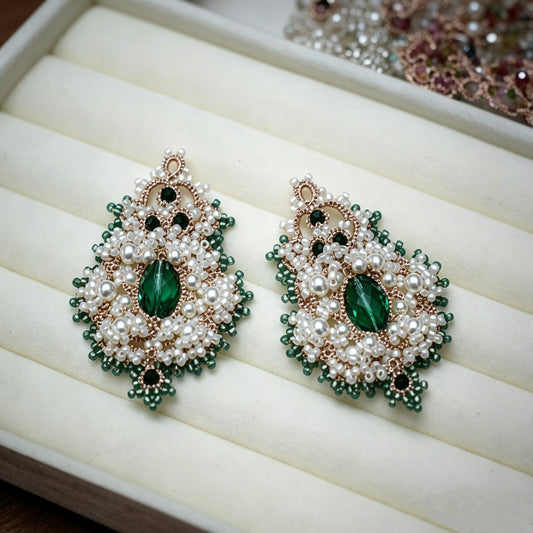 Handmade lace tatting beaded earrings with natural gemstone/diamond,seed beads,swarovski pearls,s925 silver hooks