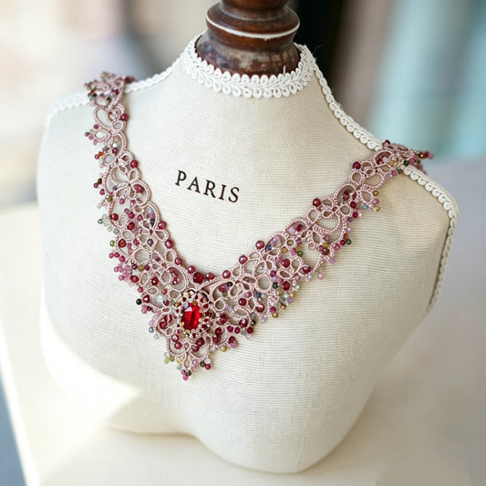 Handmade lace tatting beaded necklace with natural gemstone tourmaline,garnet