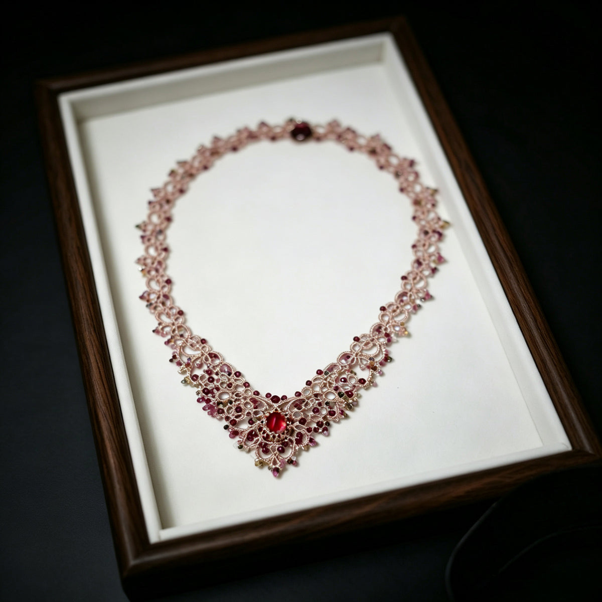 Handmade lace tatting beaded necklace with natural gemstone tourmaline,garnet
