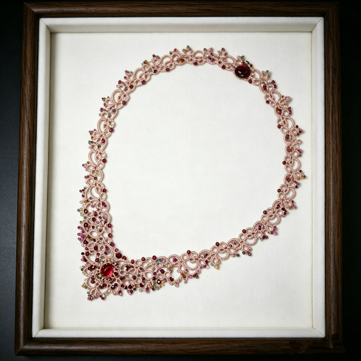 Handmade lace tatting beaded necklace with natural gemstone tourmaline,garnet
