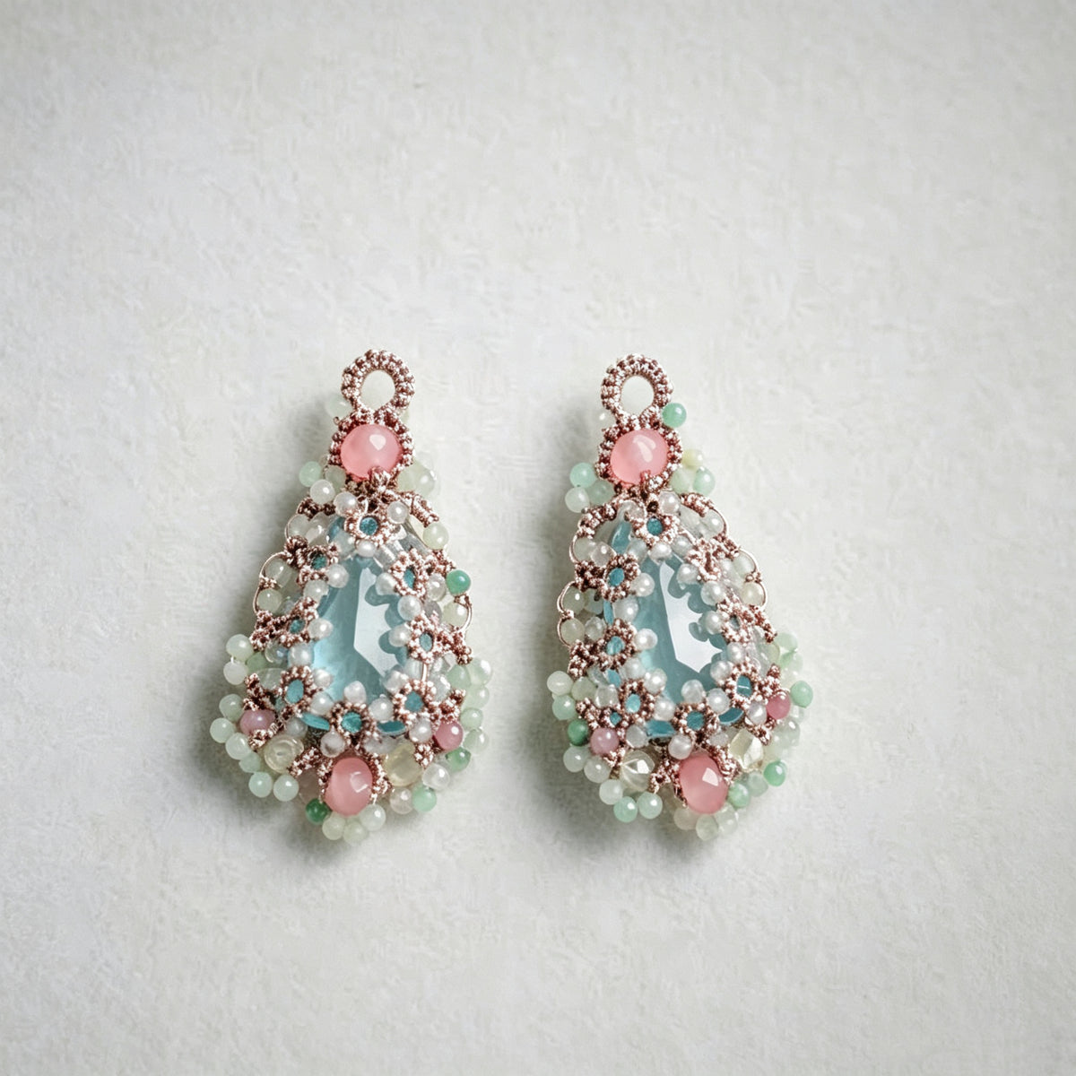 Handmade lace tatting beaded earrings with natural gemstone tourmaline,labradorite,strawberry quartz,s925 silver hooks