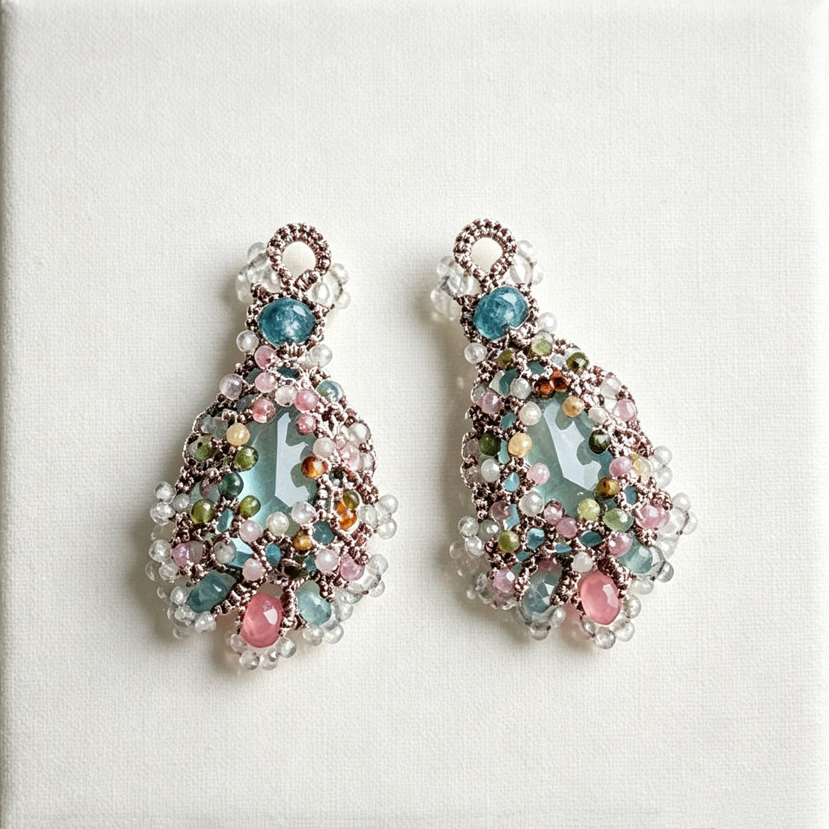 Handmade lace tatting beaded earrings with natural gemstone tourmaline,labradorite,strawberry quartz,s925 silver hooks