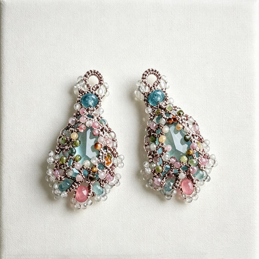 Handmade lace tatting beaded earrings with natural gemstone tourmaline,labradorite,strawberry quartz,s925 silver hooks