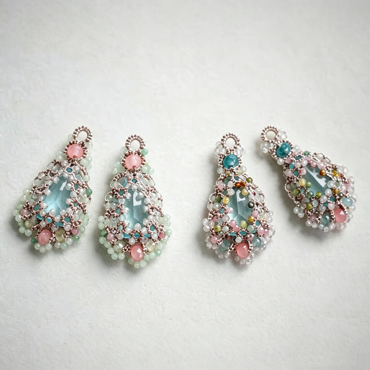 Handmade lace tatting beaded earrings with natural gemstone tourmaline,labradorite,strawberry quartz,s925 silver hooks