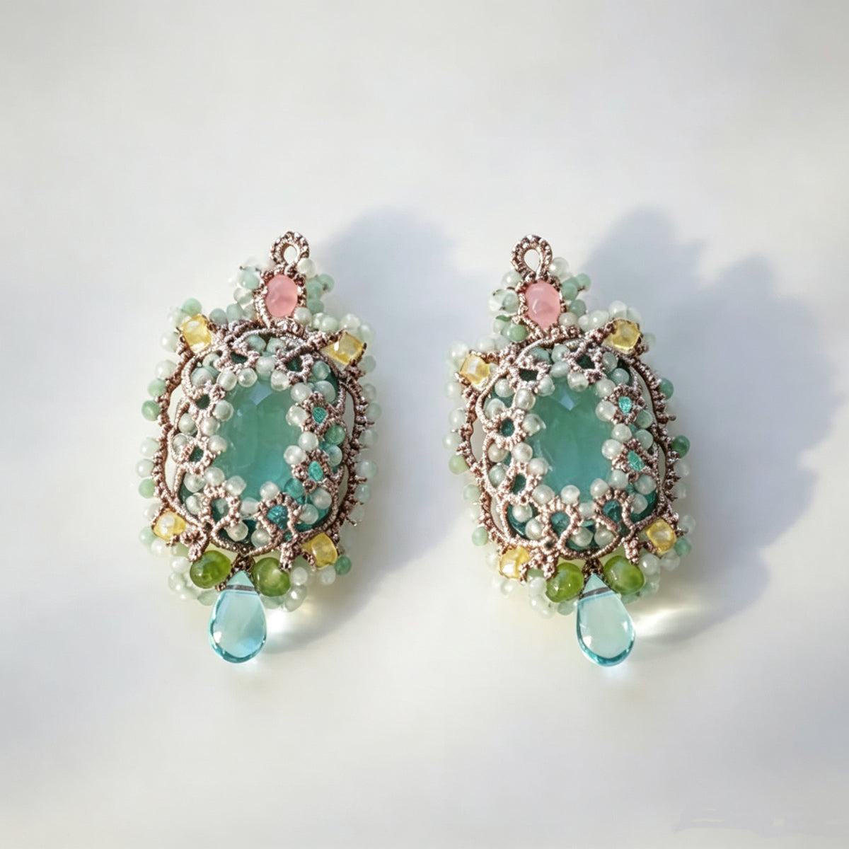 Handmade lace tatting beaded earrings with natural gemstone,s925 silver hooks