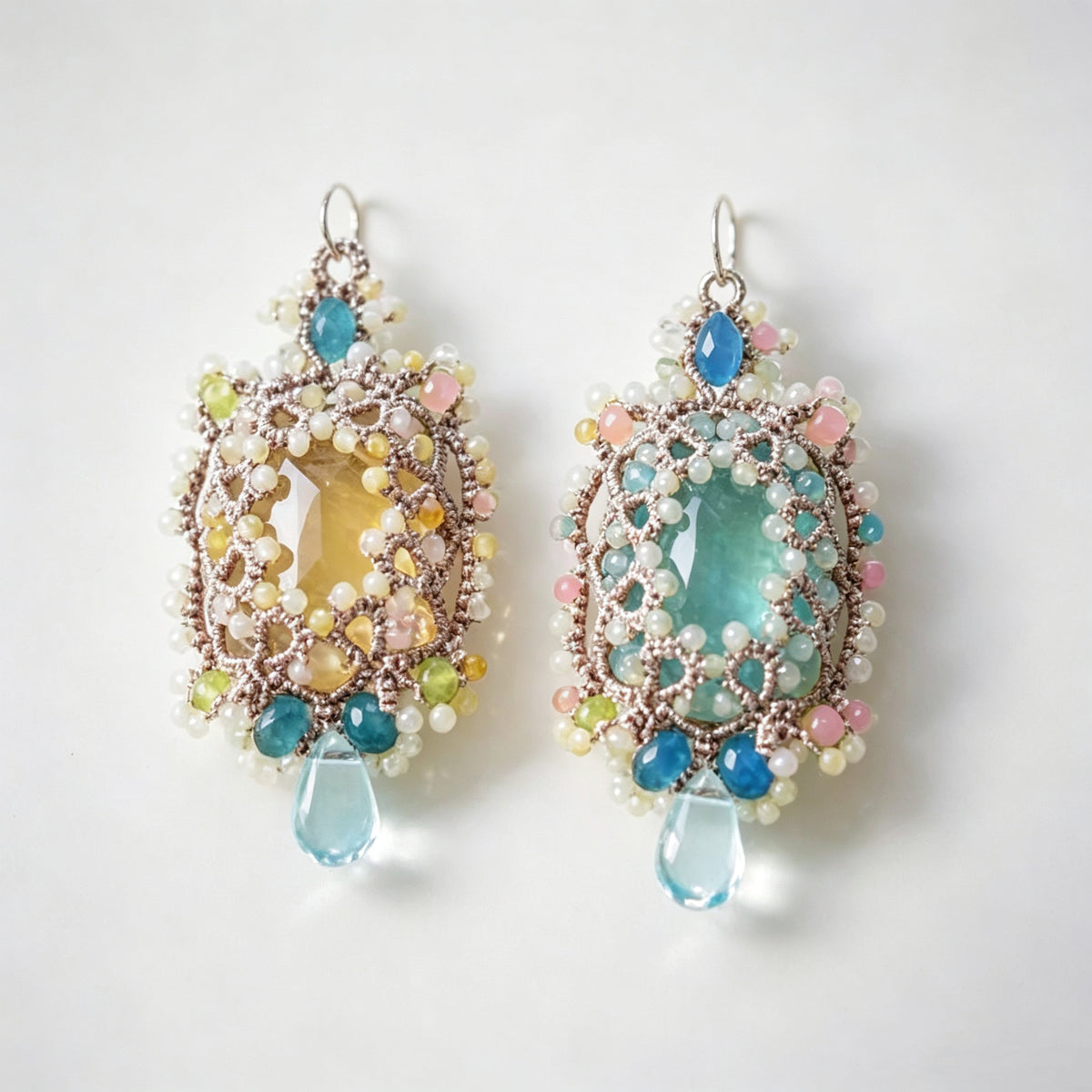 Handmade lace tatting beaded earrings with natural gemstone,s925 silver hooks
