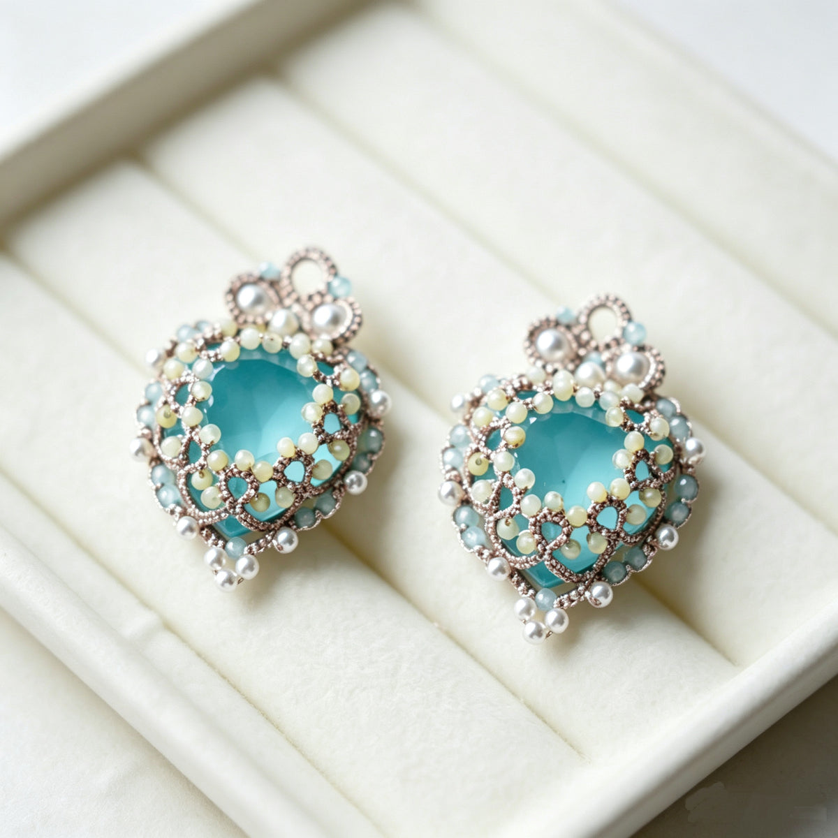 Handmade lace tatting beaded earrings with natural gemstones,swarovski pearls,s925 silver hooks
