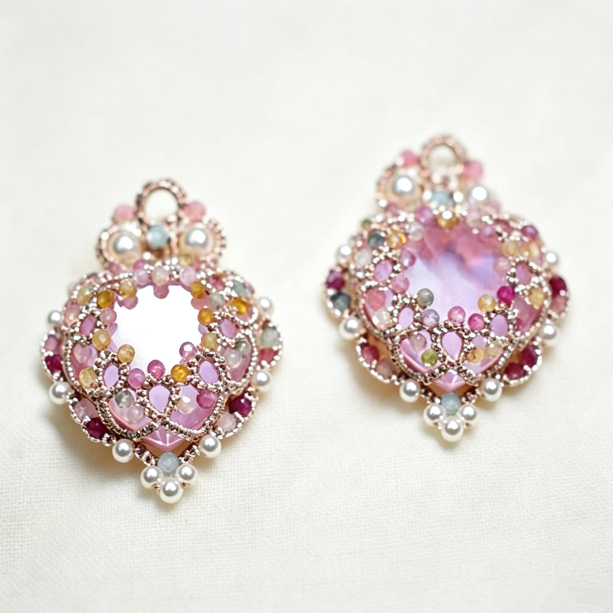 Handmade lace tatting beaded earrings with natural gemstones,swarovski pearls,s925 silver hooks