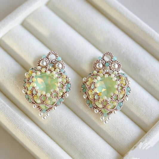 Handmade lace tatting beaded earrings with natural gemstones,swarovski pearls,s925 silver hooks