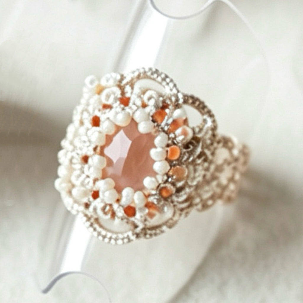 Handmade lace tatting beaded rings with diamond,seed beads,natural gemstones