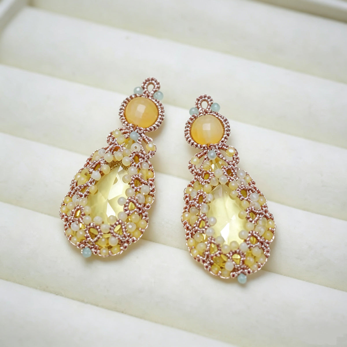 Handmade lace tatting beaded earrings with diamond,natural gemstones,s925 silver hooks