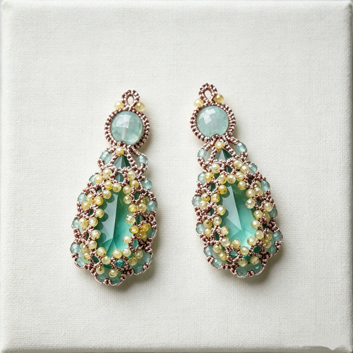 Handmade lace tatting beaded earrings with diamond,natural gemstones,s925 silver hooks