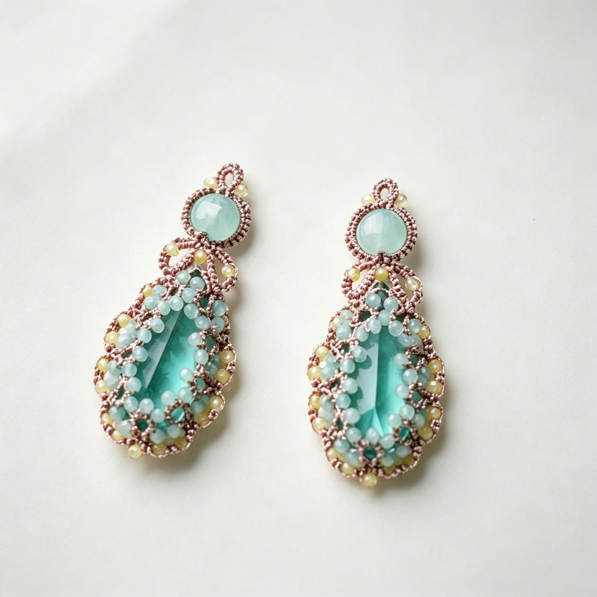 Handmade lace tatting beaded earrings with diamond,natural gemstones,s925 silver hooks