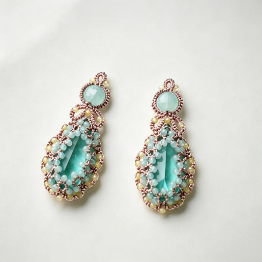 Handmade lace tatting beaded earrings with diamond,natural gemstones,s925 silver hooks