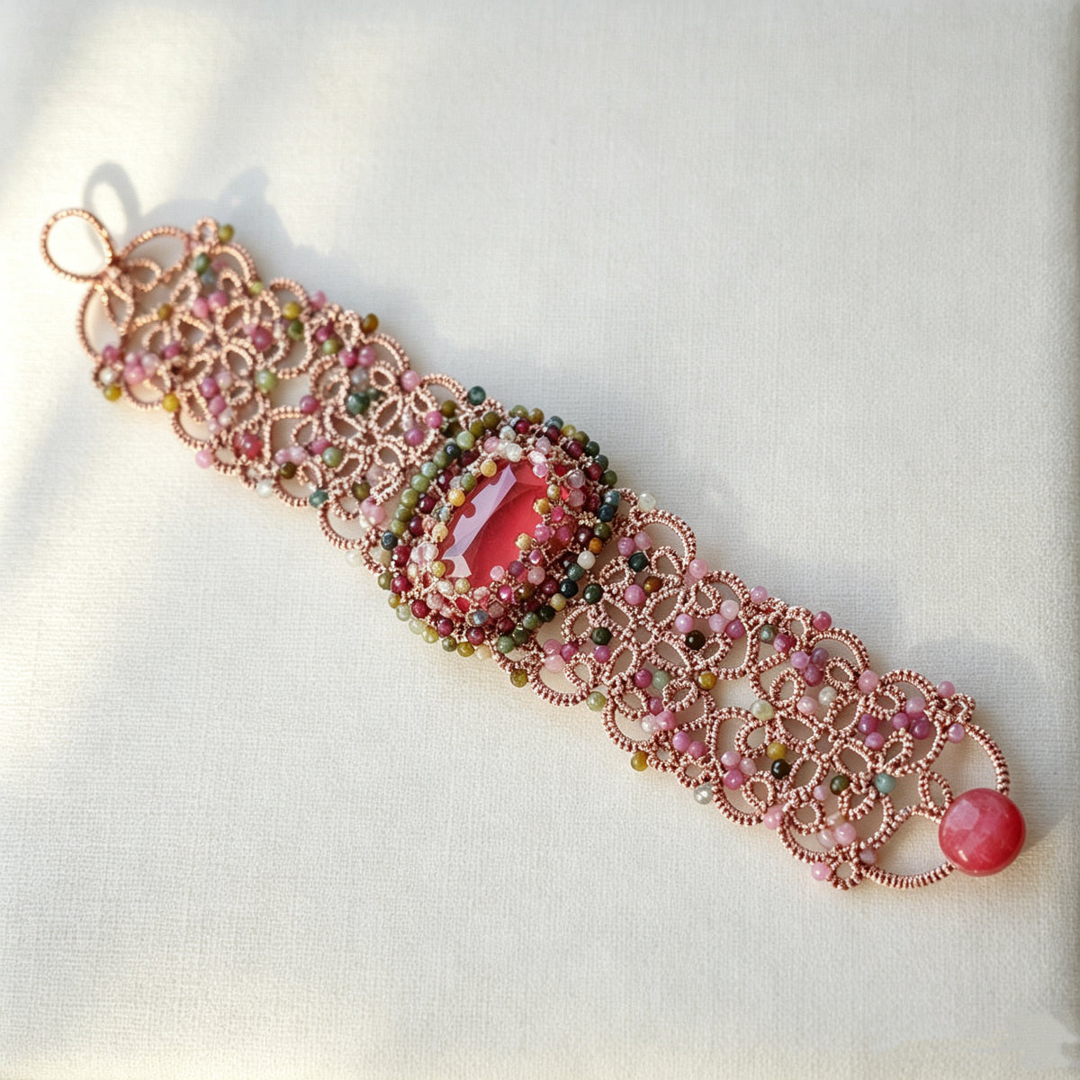 Handmade lace tatting beaded bracelet with diamond,natural gemstone tourmaline beads