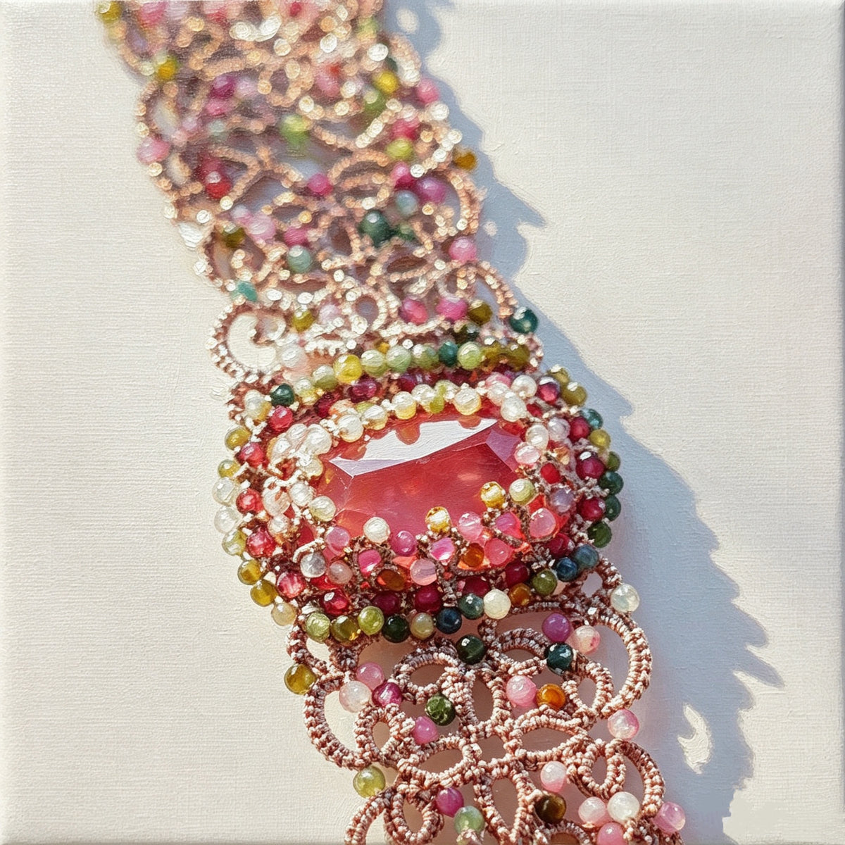 Handmade lace tatting beaded bracelet with diamond,natural gemstone tourmaline beads