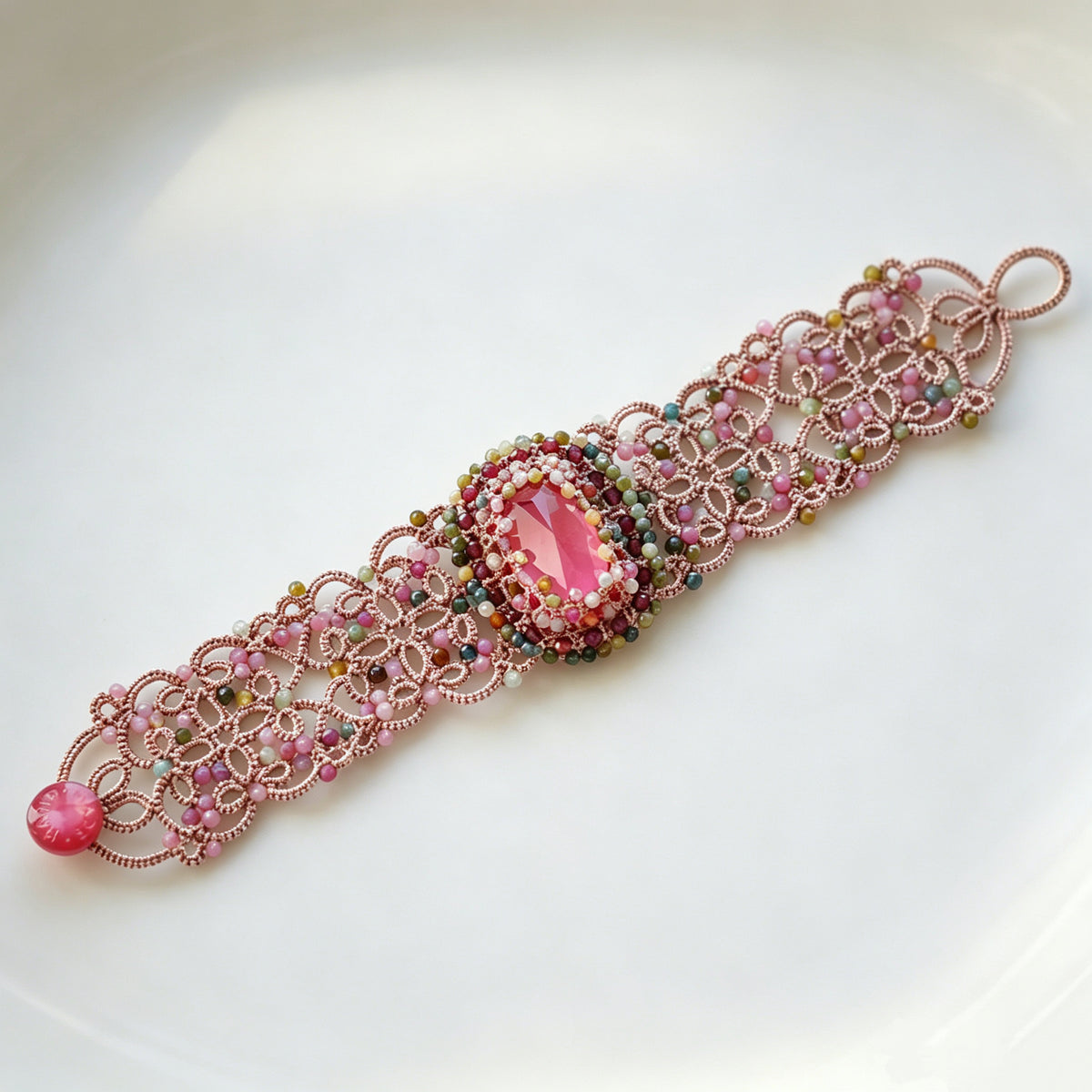 Handmade lace tatting beaded bracelet with diamond,natural gemstone tourmaline beads