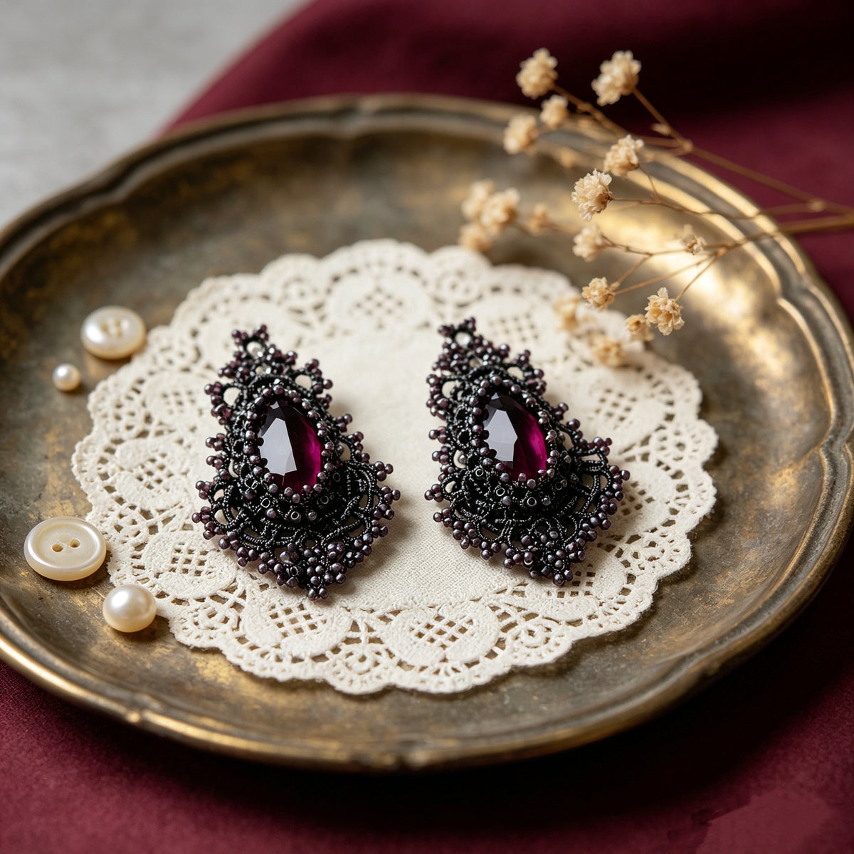 Handmade lace tatting beaded with diamond,antique seed beads,s925 silver hooks