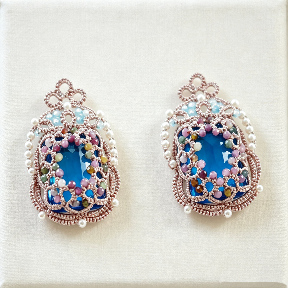 Handmade lace tatting beaded earrings with diamond,natural gemstone beads,s925 silver hooks